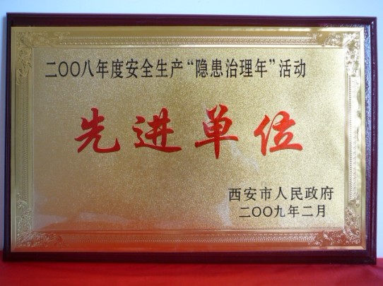 2009年2月，，，被西安市人民政府评为2008年度清静生产“隐患治理年”活动先进单位